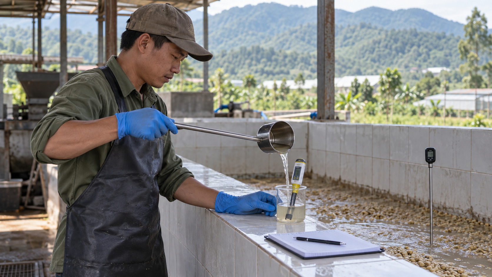 Người sản xuất lấy mẫu đo pH trong bể Fermentation truyền thống