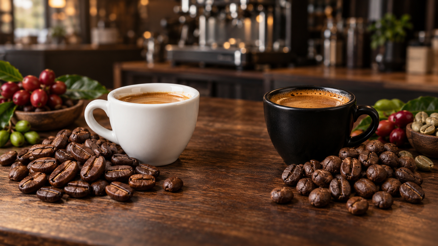 Hạt và tách cà phê thể hiện hương vị Arabica và Robusta