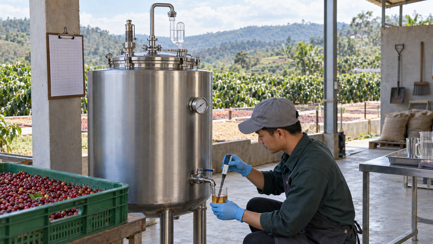 Kiểm soát Fermentation cà phê bằng bồn kín, van lấy mẫu và thiết bị đo