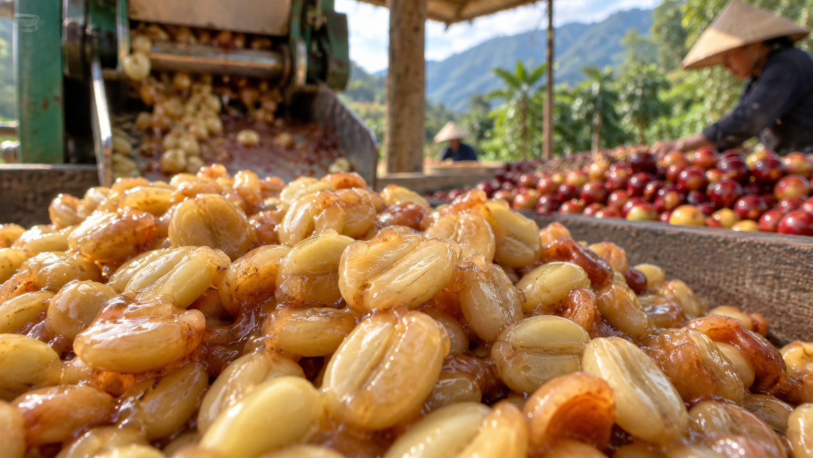 Lớp mucilage bao quanh hạt cà phê trong Honey Process