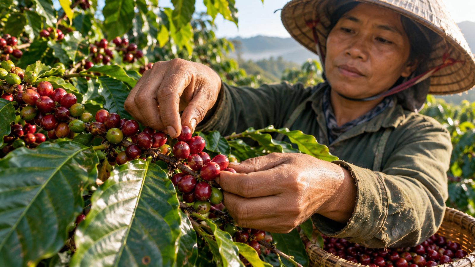 Nông hộ chọn hái quả chín Robusta Việt Nam trên cành cà phê