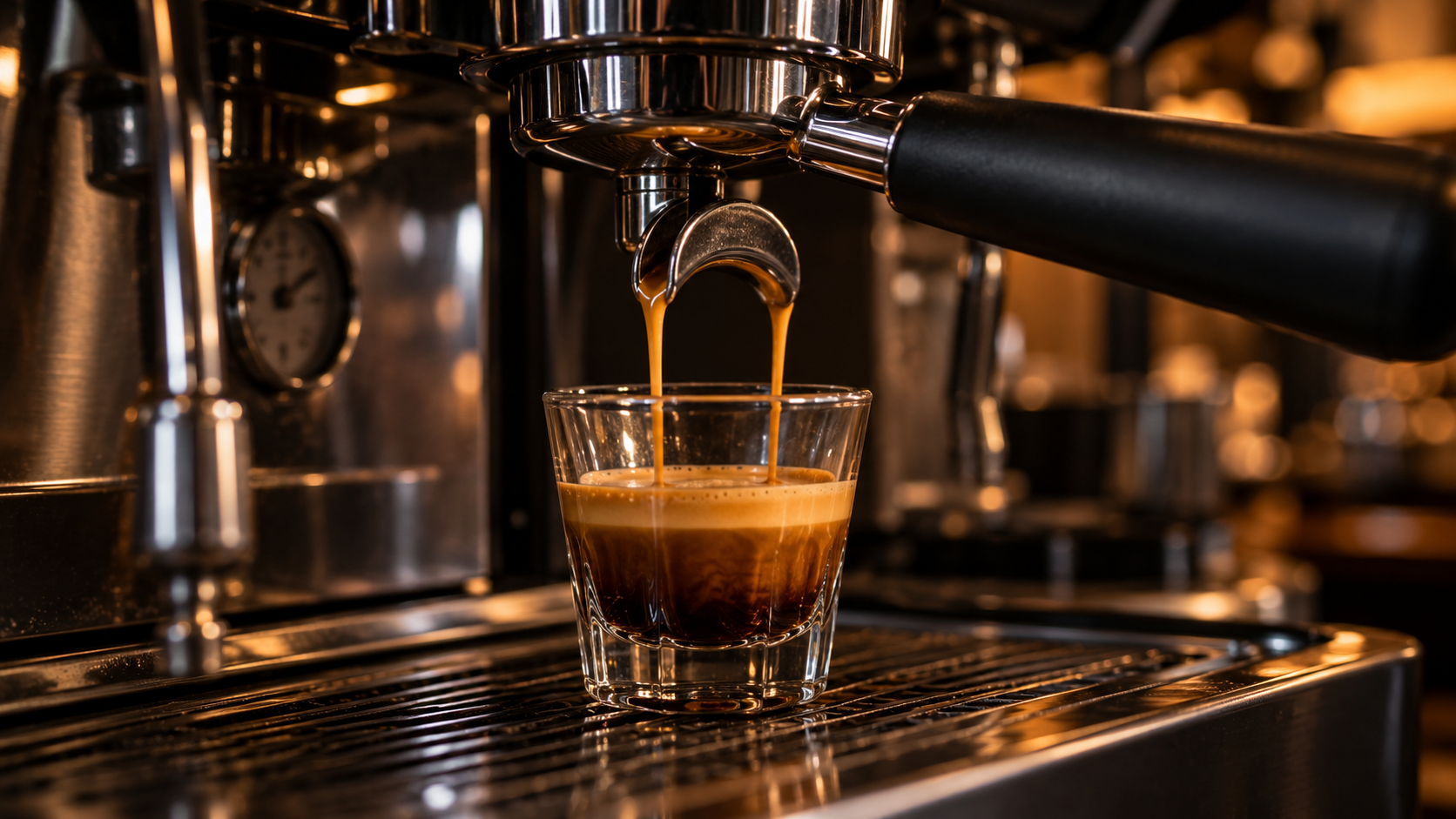 Máy pha chiết xuất espresso vào ly thủy tinh với lớp crema vàng