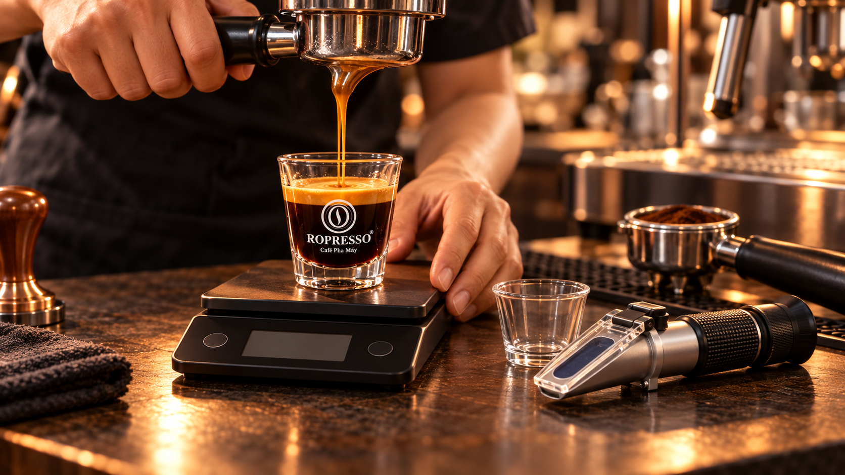 Barista dùng khúc xạ kế kiểm tra mẫu cà phê cạnh cân và sổ ghi chép.