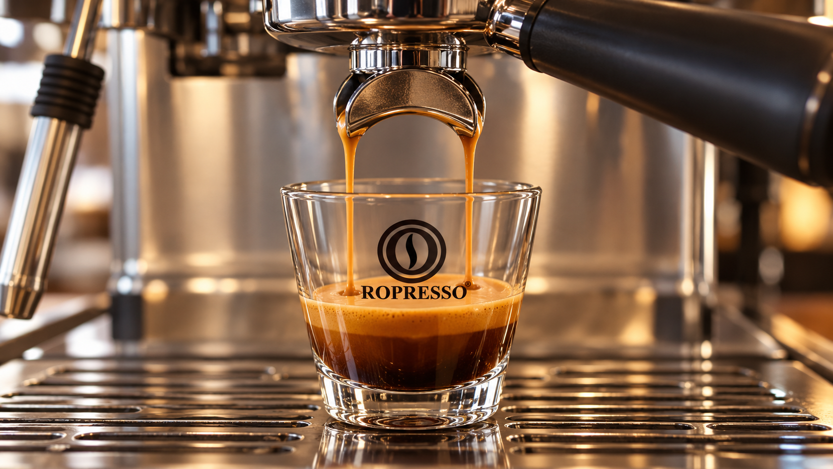 Hai dòng espresso chảy từ tay pha vào ly thủy tinh mang logo ROPRESSO.