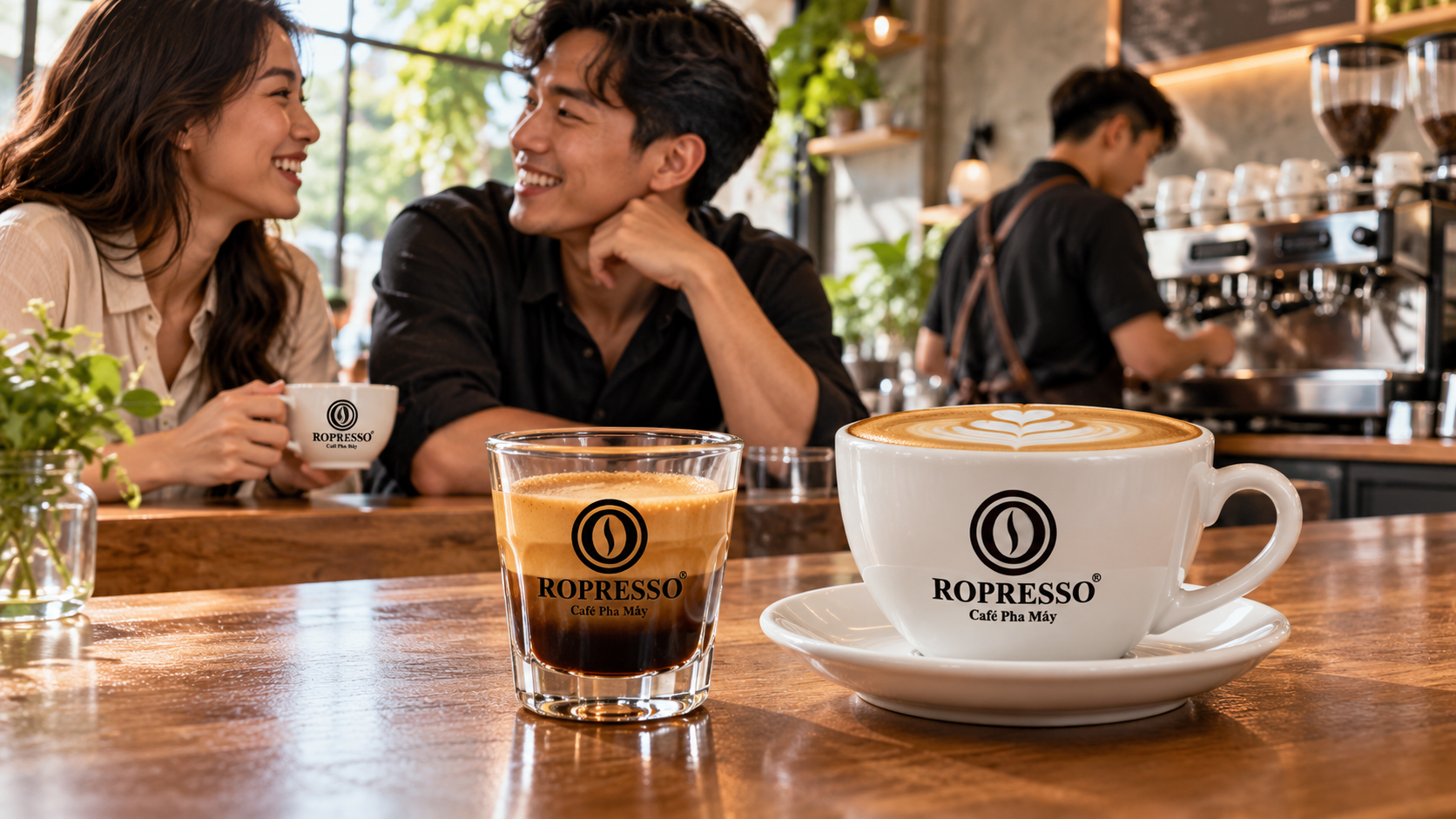 Ly espresso và tách cà phê sữa mang logo ROPRESSO tại quán, phía sau là khách trò chuyện và barista.