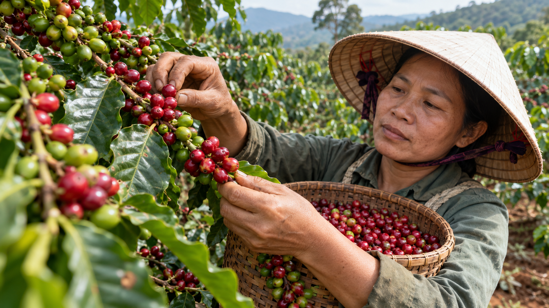 Nông dân thu hái quả chín tại vườn cà phê Việt Nam ở Tây Nguyên