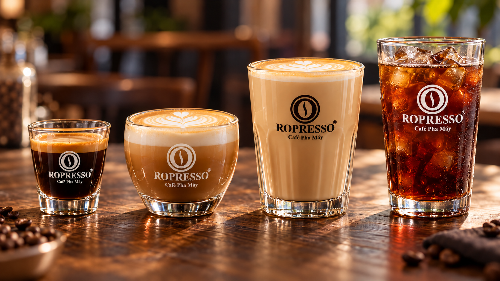 Bốn ly espresso, cappuccino, latte và americano đá mang logo ROPRESSO trên bàn cà phê.