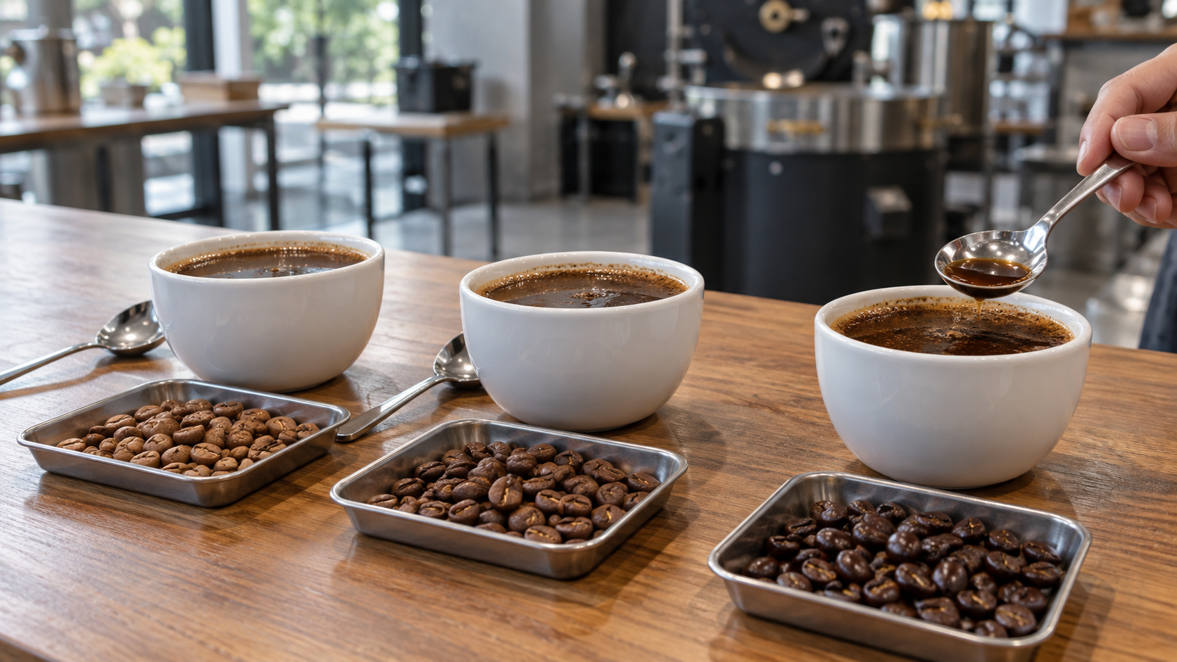 Các mẫu hạt rang và bát cupping để so sánh hương vị cà phê