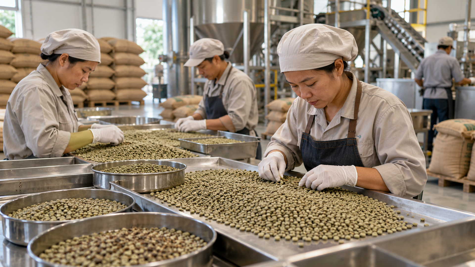 Công nhân phân loại nhân xanh trong cơ sở chế biến cà phê Việt Nam