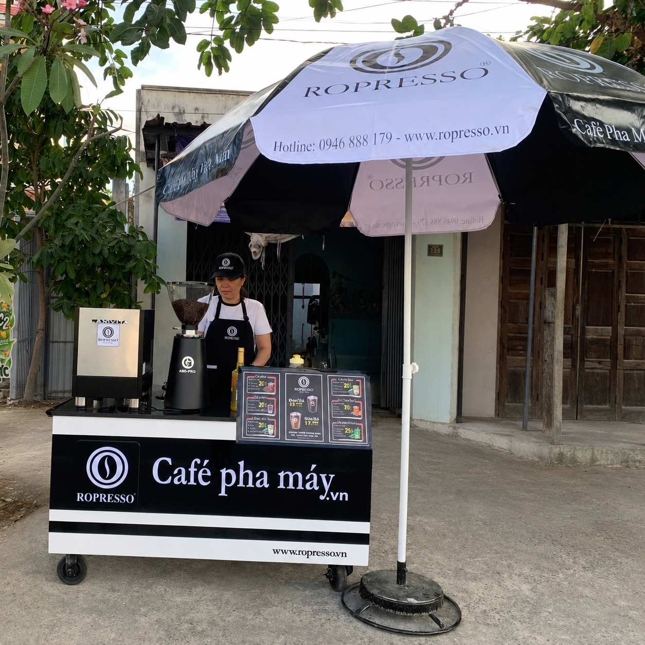 Combo xe quầy cafe pha máy gói Tiêu Chuẩn Ropresso